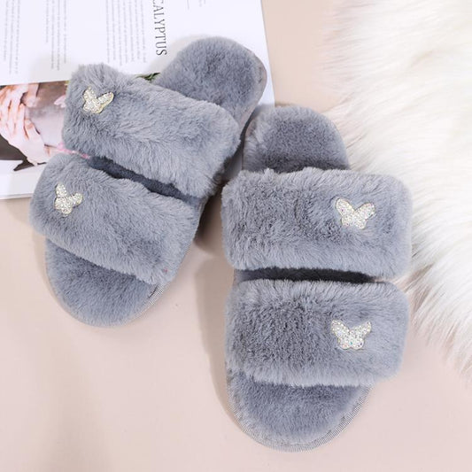 Women Flat Sole Plush Slippers with Butterfly Rhinestone Decor Soft Indoor/Outdoor House Shoes, Size: 38 - 39(Gray) - Mega Discount Store LebanonLebanon