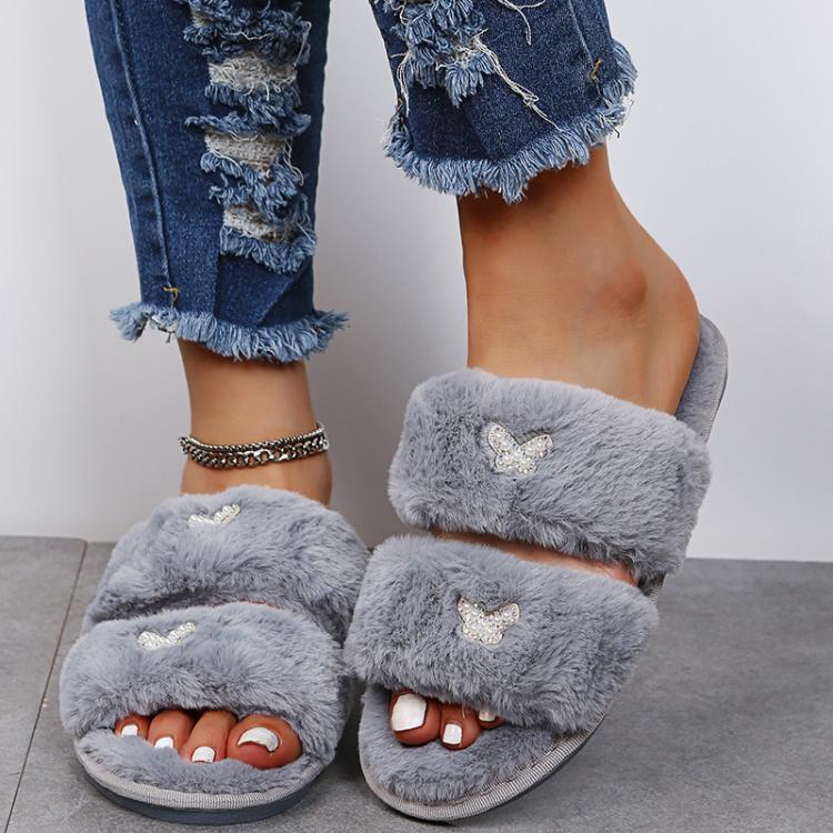 Women Flat Sole Plush Slippers with Butterfly Rhinestone Decor Soft Indoor/Outdoor House Shoes, Size: 38 - 39(Gray) - Mega Discount Store LebanonLebanon