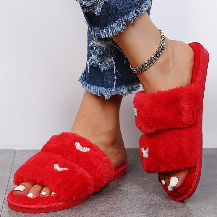 Women Flat Sole Plush Slippers with Butterfly Rhinestone Decor Soft Indoor/Outdoor House Shoes, Size: 38 - 39(Red) - Mega Discount Store LebanonLebanon