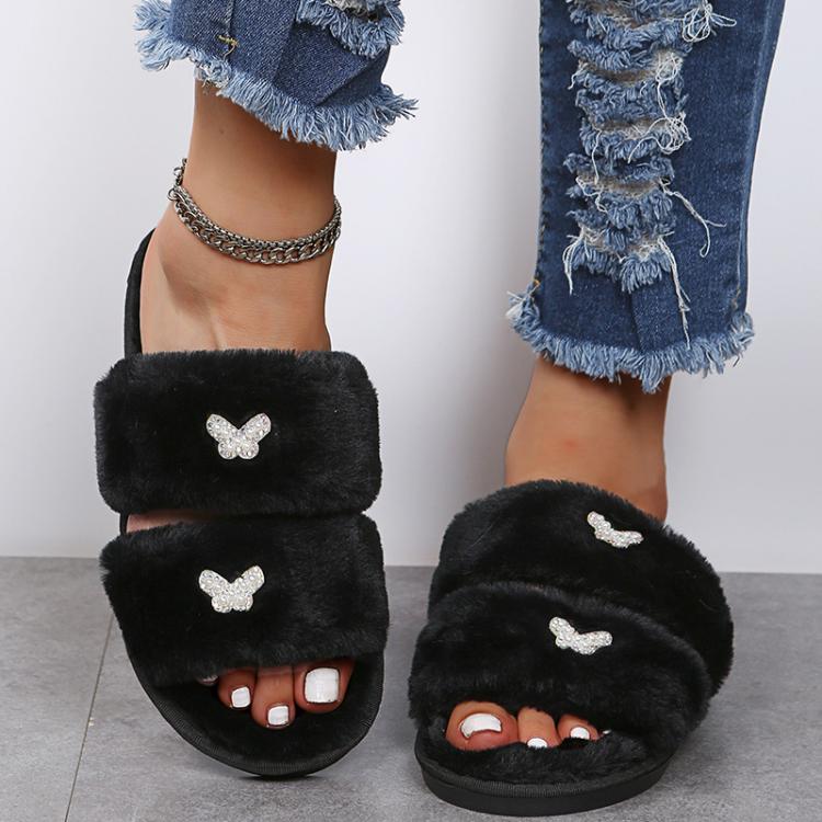 Women Flat Sole Plush Slippers with Butterfly Rhinestone Decor Soft Indoor/Outdoor House Shoes, Size: 40 - 41(Black) - Mega Discount Store LebanonLebanon
