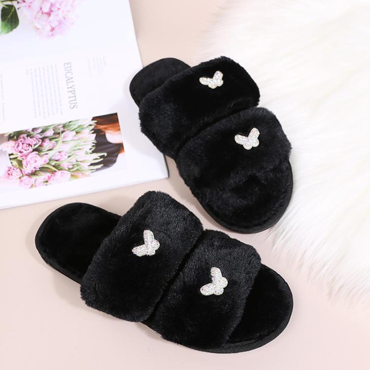 Women Flat Sole Plush Slippers with Butterfly Rhinestone Decor Soft Indoor/Outdoor House Shoes, Size: 40 - 41(Black) - Mega Discount Store LebanonLebanon