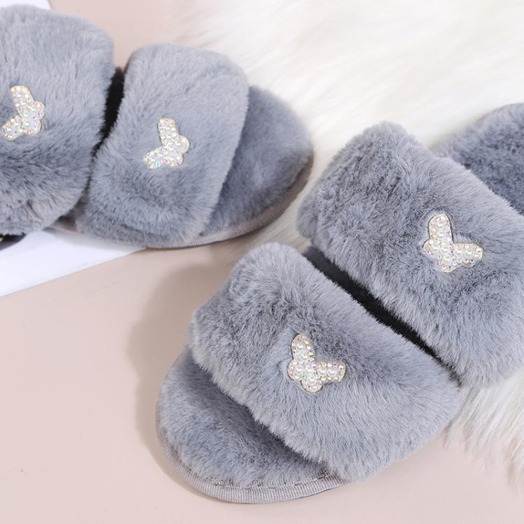 Women Flat Sole Plush Slippers with Butterfly Rhinestone Decor Soft Indoor/Outdoor House Shoes, Size: 40 - 41(Gray) - Mega Discount Store LebanonLebanon