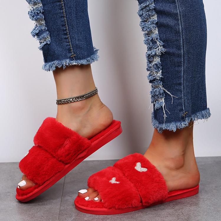 Women Flat Sole Plush Slippers with Butterfly Rhinestone Decor Soft Indoor/Outdoor House Shoes, Size: 40 - 41(Red) - Mega Discount Store LebanonLebanon
