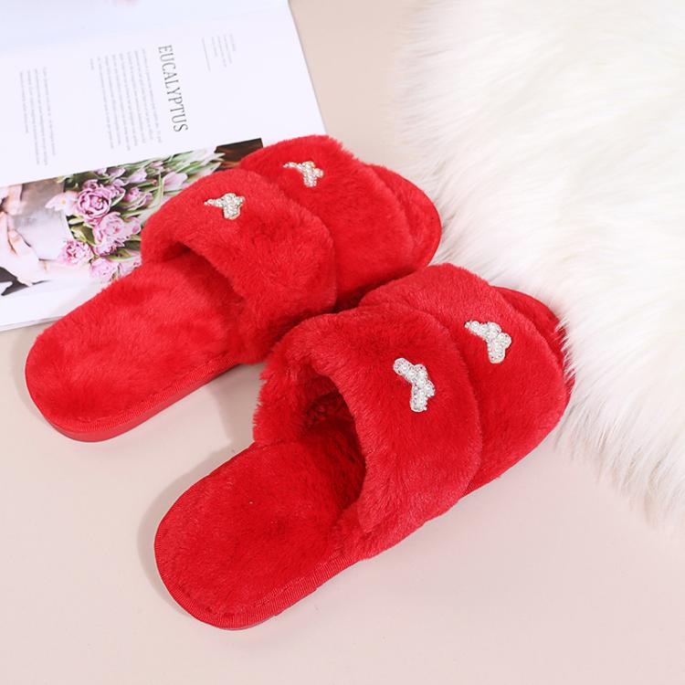 Women Flat Sole Plush Slippers with Butterfly Rhinestone Decor Soft Indoor/Outdoor House Shoes, Size: 40 - 41(Red) - Mega Discount Store LebanonLebanon