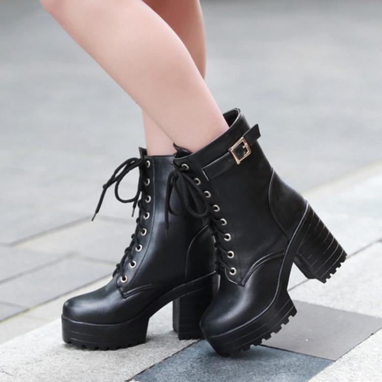 Women Lace - up Short Boots High Heels Platform Buckle Ladies Leather Boots, Size: 35(Black) - Mega Discount Store LebanonLebanon