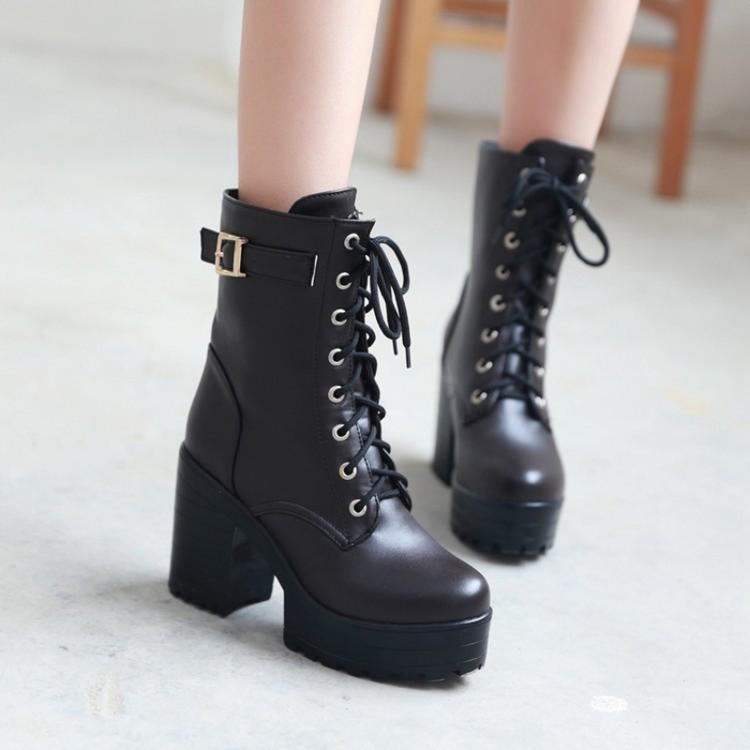 Women Lace - up Short Boots High Heels Platform Buckle Ladies Leather Boots, Size: 36(Brown) - Mega Discount Store LebanonLebanon