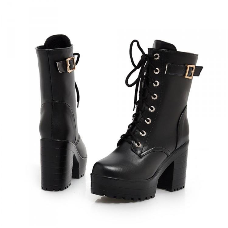 Women Lace - up Short Boots High Heels Platform Buckle Ladies Leather Boots, Size: 36(Brown) - Mega Discount Store LebanonLebanon