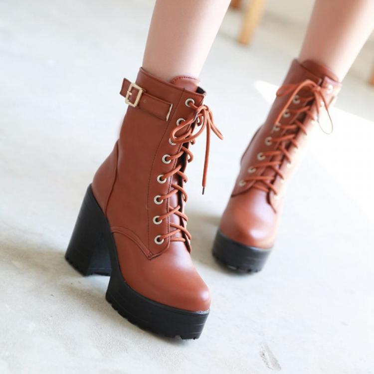 Women Lace - up Short Boots High Heels Platform Buckle Ladies Leather Boots, Size: 36(Yellow) - Mega Discount Store LebanonLebanon