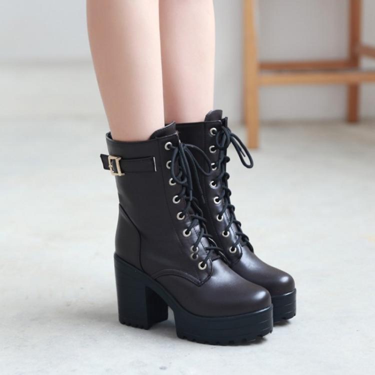 Women Lace - up Short Boots High Heels Platform Buckle Ladies Leather Boots, Size: 38(Black) - Mega Discount Store LebanonLebanon