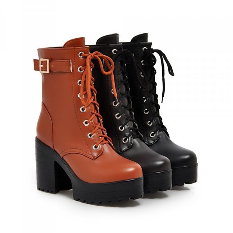 Women Lace - up Short Boots High Heels Platform Buckle Ladies Leather Boots, Size: 38(Brown) - Mega Discount Store LebanonLebanon