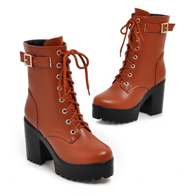 Women Lace - up Short Boots High Heels Platform Buckle Ladies Leather Boots, Size: 38(Yellow) - Mega Discount Store LebanonLebanon