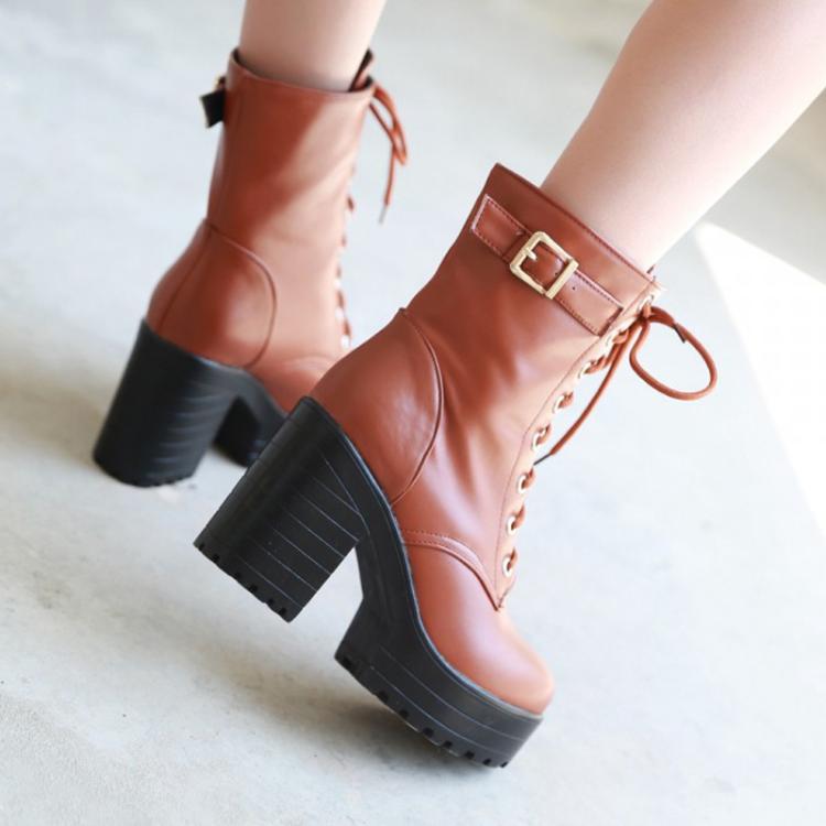 Women Lace - up Short Boots High Heels Platform Buckle Ladies Leather Boots, Size: 39(Black) - Mega Discount Store LebanonLebanon