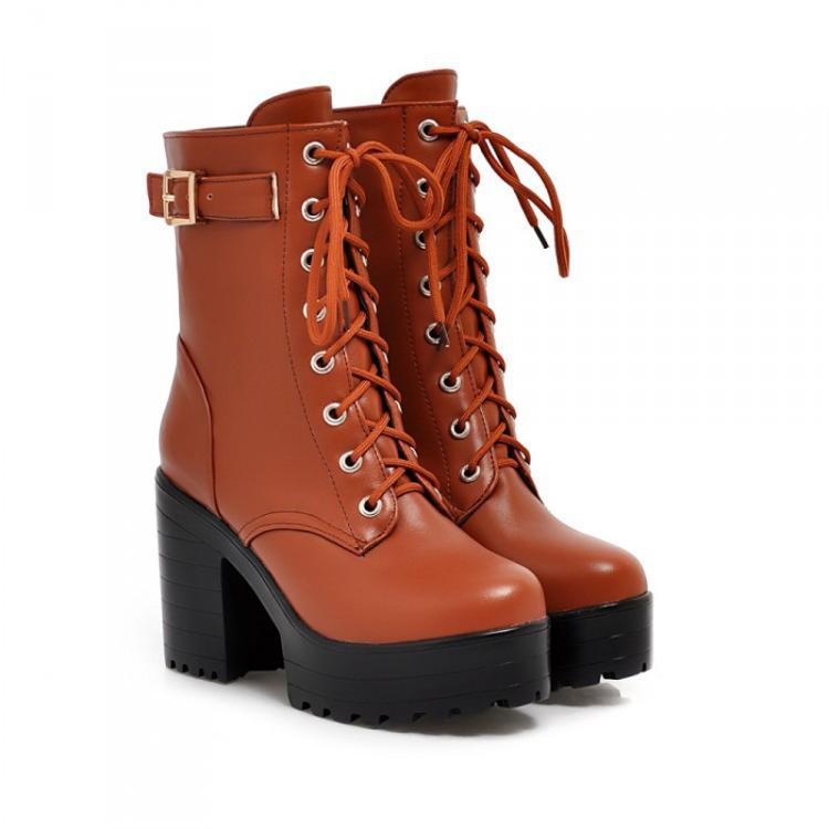Women Lace - up Short Boots High Heels Platform Buckle Ladies Leather Boots, Size: 39(Yellow) - Mega Discount Store LebanonLebanon