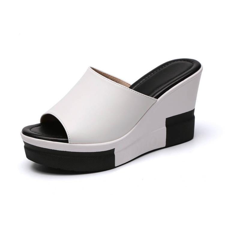 Women Soft PU Leather Platform Wedge Slide Sandals High Heel Open - Toe Slippers, Size: 37(Black) - Mega Discount Store LebanonLebanon