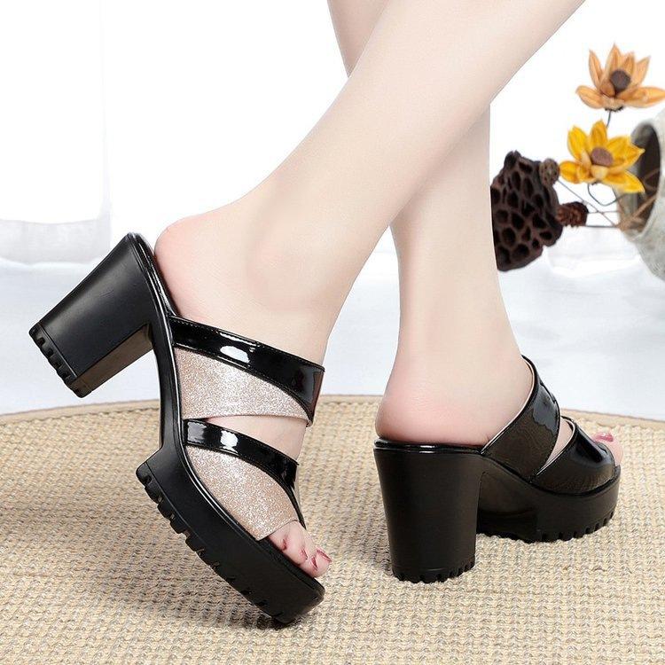 Women Summer Thick High Heel Platform Slippers Sandals Open Toe Comfortable Casual Outdoor Shoes, Size: 37(Black) - Mega Discount Store LebanonLebanon