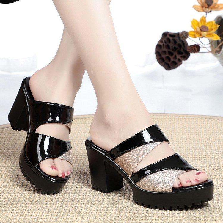 Women Summer Thick High Heel Platform Slippers Sandals Open Toe Comfortable Casual Outdoor Shoes, Size: 39(Black) - Mega Discount Store LebanonLebanon